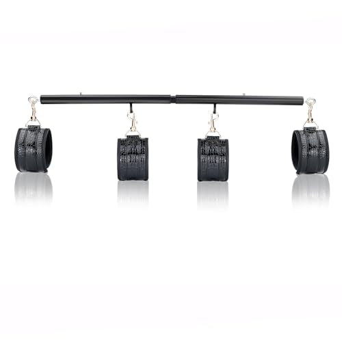 Spreader Bar Heavy Duty Stainless Steel Expandable Silver Bar Home Gym with 4pcs Furry Purple Adjustable Straps,Sports Aid Training Fitness Gear Pilates Aid Kit - style: Black+PU Crocodile Black