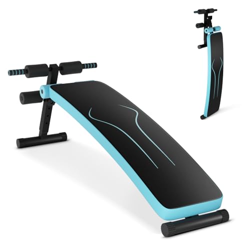 GYMAX Sit up Bench, Folding Adjustable Workout Bench for Ab Exercise, Curved Incline/Decline Slant Bench, Foldable Strength Training Weight Bench, Situps Abs Workout Equipment - color: Blue