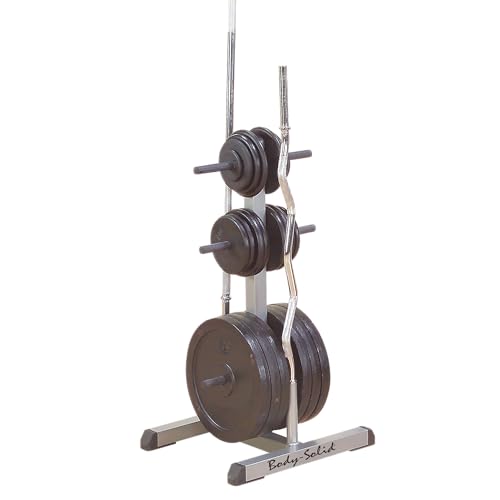 Body-Solid (GSWTB) Standard Weight Plates Tree & Bar Holder - 1000 lb Capacity Plate Storage Rack with Central Load Distribution - Durable Powder Coat Finish