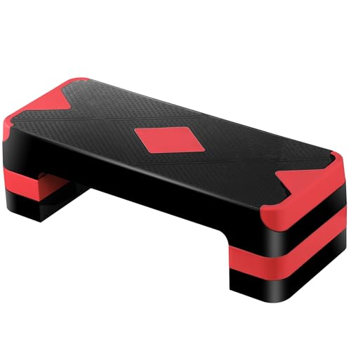 27'' Aerobics Stepper Workout Step Platform with 4 Risers 4"-6"-8" Height Adjustable, Non-Slip Fitness Exercise Workout Trainer for Cardio, Core, Strength Training,Home Gym - color: Red