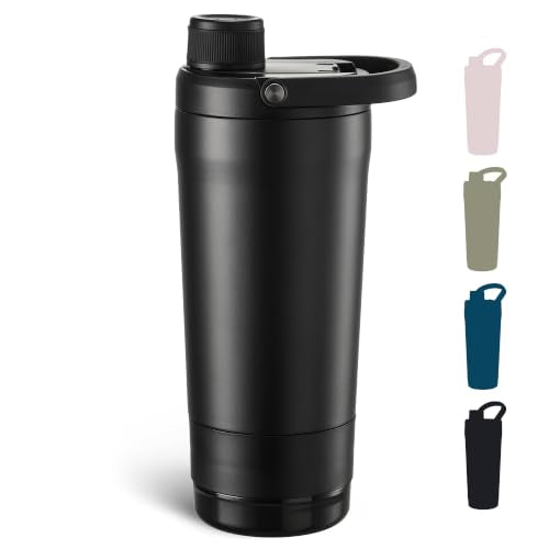 Fijinhom 24 oz Insulated Shaker Bottle with Portable Powder Container. | Leak-Proof Protein Shaker Bottle, 304 Stainless Steel Insulated Water Bottle with Removable Mixer, Measurement Marks, Black - color: Black