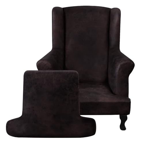 ANARACHON Leather Look Wingback Chair Covers, 2-Piece Wing Chair slipcover,Stretch Wing Back Armchair Slipcovers with Elastic Bottom, Soft Spandex Furniture Protector for Living Room (Chocolate) - color: Chocolate