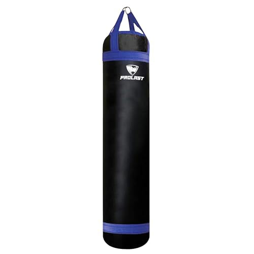 Heavy Punching Kicking Bag for Adults, Boxing, MMA, Martial Arts, Muay Thai, Strength Training Equipment, Filled, 5ft, 100 lbs, Colored Strap and Rhino Logo - color: Blue / Black, size: Unfilled