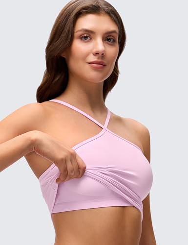 CRZ YOGA Butterluxe Cross Neck Crop Tank Tops | Light Support, Removable Pads, Yoga, Extremely Soft, Square Back, Spaghetti Straps, Longline Sports Bras for Women - color: Vita Pink, size: X-Large