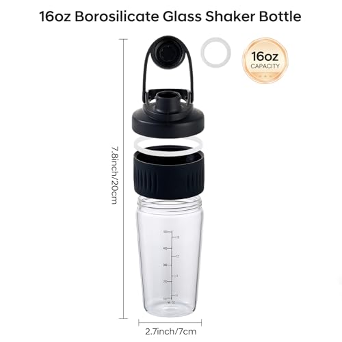 16oz Glass Shaker Bottle for Protein, 2 Pack Small Borosilicate Glass Protein Powder Leak-Proof Shaker Cup Mixes with 304 Blending Ball(16oz,Black) - color: 2 Pack-Black, size: 16oz