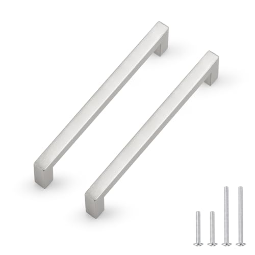 Probrico 5 Pack Hole Centers 6.25inch Brushed Satin Nickel Cabinet Handles, Stainless Steel Kitchen Drawer Pulls,Square Corner Bar Dresser Pull Handle 6.75inch Length - color: Brushed Nickel, size: Hole Center: 160mm(6.3inch)