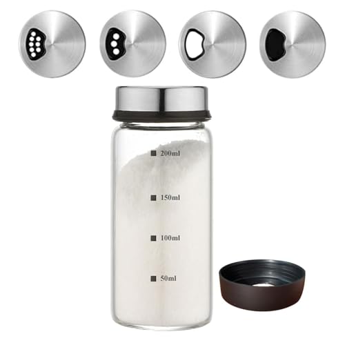 Verdental 7 oz Salt Pepper Shakers with 3 Adjustable Outlet Holes | Glass Spices Jar, Sugar Seasoning Cans for Kitchen, Restaurant, Baking, Dessert and Coffee Shops, BBQ Camping - size: 200ML(2.36*4.92 IN)