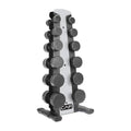 CAP Rubber Coated Hex Dumbbell Set with Storage Rack | 100–210 lb Options, Space-Saving Vertical Compact Storage for Home Gym Strength Training - size: 210 lb - Set - Silver Rack, style: 12-Sided Black Handle