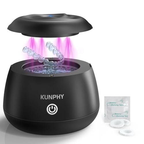 KUNPHY Ultrasonic Retainer Cleaner Machine, 48kHz Dental Cleaning Pod Home | 4 LED Light 48KHz Ultrasound Portable Mouthguard Night Guard Cleaner, IPX7 Waterproof, Quiet 45dB, Overheat Protection, Black - size: 201ML