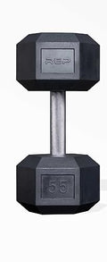 Rep Fitness Rubber Hex Dumbbell(s) - Singles (55LB +) and Pairs (5LB - 50LB) - Low Odor, Fully Knurled Handle - style: 55 LB SINGLE DB