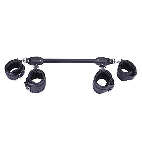 Wooden PU Spreader Bar with 4pcs PU Adjustable Straps,Workout Bar for Home Gym Training Bar,Portable Detachable Pilates Kit - style: Black+Embossed Black Kit