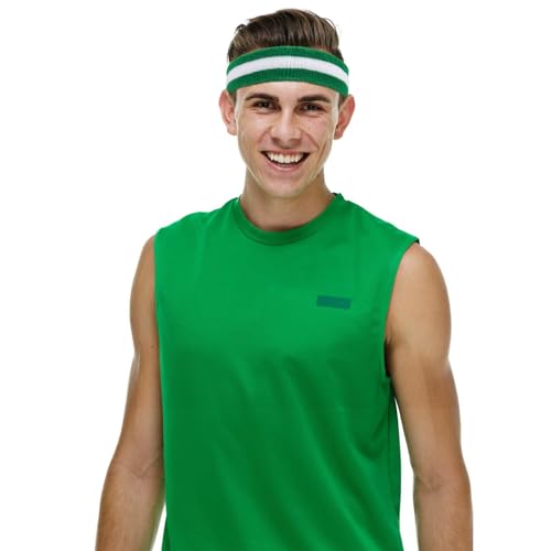 30 Pcs Sweatbands Wristbands Set Absorbent Terry Cloth Headbands Wristbands Neon Color Striped 80s Athletic Sweatbands for Sports Gym Exercise - color: Green White Stripe