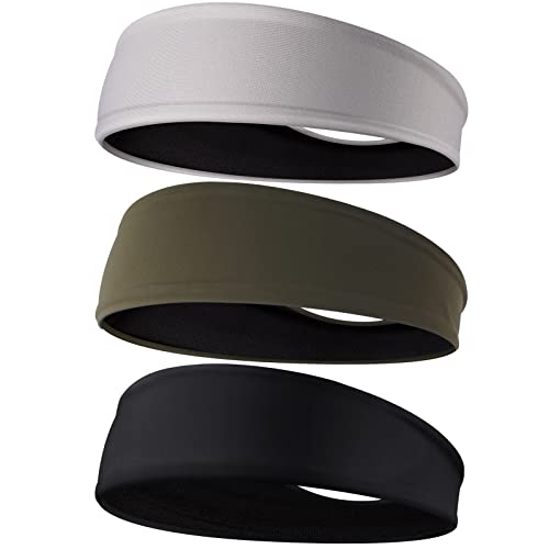Braylin Men's Headbands, 3-Pack Head Band for Men, Sport Sweatbands for Running Fitness Yoga Cycling, Sweat Wicking Non Slip - color: 05.3Pcs Black+Army Green/Black+Gray/Black