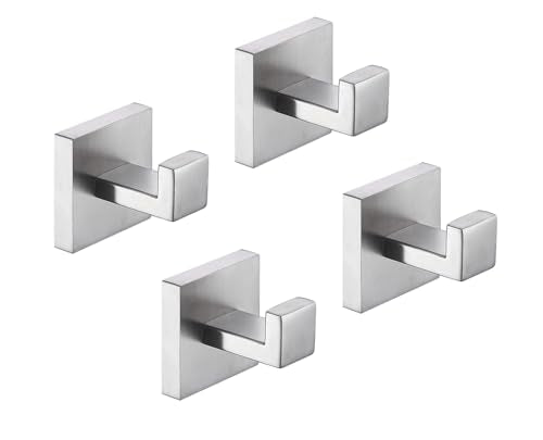 TASTOS Bath Towel Hooks Brushed Nickel, 4 Pack Stainless Steel Robe Coat and Clothes Hook, Heavy Duty Wall Hook for Bathroom & Kitchen, Modern Square Style Wall Mounted - color: Brushed Nickel, size: Square (4 Pack)