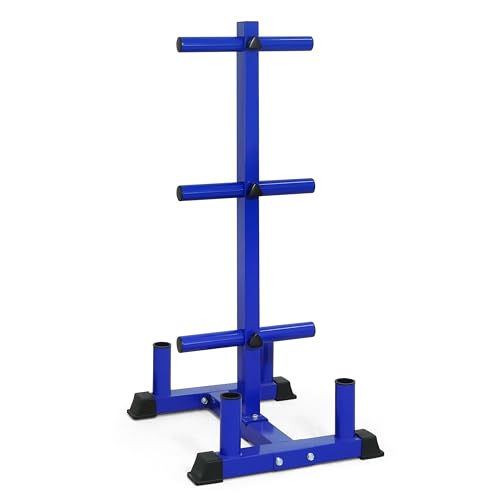 CAP Olympic Bumper Plate Tree Rack with Barbell Holders, Heavy-Duty Weight Plate Storage Rack for Home Gym, Steel Olympic Plate Organizer Stand, Multiple Color & Size Options - color: Blue, size: 6-Plate Posts / 4 Bar Holders