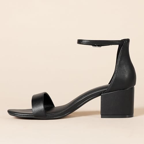 Amazon Essentials Women's Two Strap Heeled Sandals with Adjustable Ankle Strap, Padded Memory Foam Insole - color: Black Faux Leather, size: 8