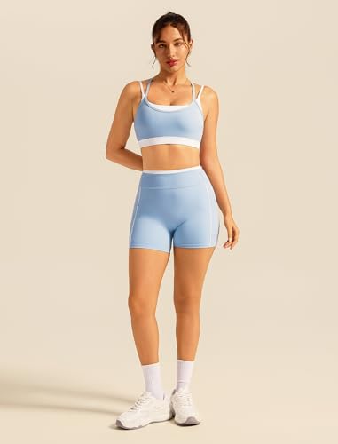 Double Layer Workout Sets for Women 2 Piece Matching Gym Set High Waist Shorts with Pockets Sports Bra Yoga Pilates Outfits - color: Blue, size: X-Small