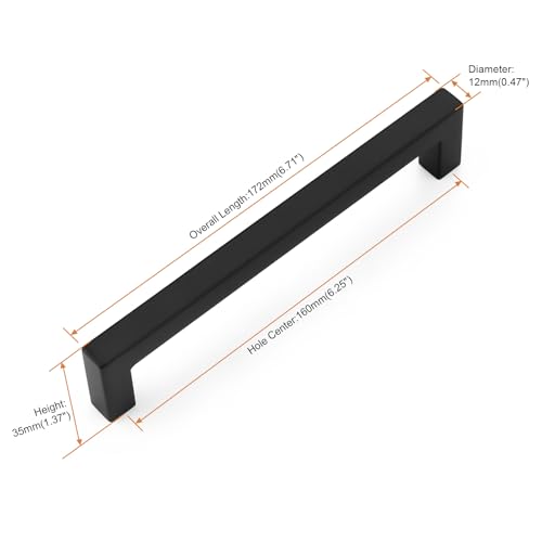 Probrico 5 Pack Black Square Kitchen Cabinet Pulls,Hole Centers 6.25inch Stainless Steel Cabinet Handles,Square Corner Bar Black Dresser Drawer Pull Handles - color: Black, size: Hole Center: 160mm(6.3inch)