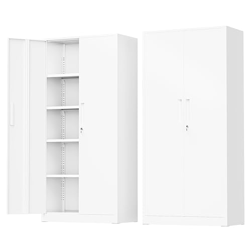 Greenvelly White Metal Storage Cabinet, 72" Locking Storage Cabinets with Doors and 4 Shelves, Tall Tool Storage Cabinet for Garage, Steel Lockable File Cabinet Metal Locker for Home Office, Classroom - color: White, size: 71 Inch