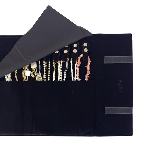 UnionPlus Velvet Travel Jewelry Roll Bag Organizer for Necklace, Elastic Band and Anti-winding, Large, Black - color: Black, size: Large