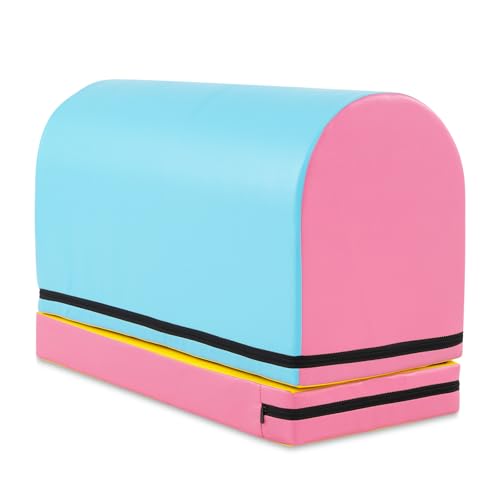 Goplus Mailbox Tumbling Mat, Gymnastics Vaulting Box w/Detachable Mat, Carrying Handle, Premium PU Leather, Portable Jumping Tumbling Aid Trainer for Kids Home Gyms Exercise - color: Baby Blue+Pink