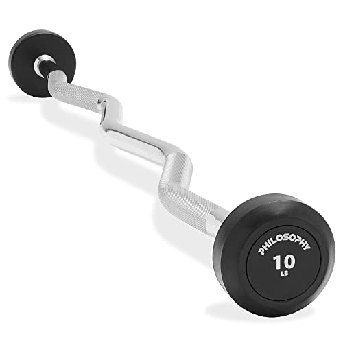 Philosophy Gym Rubber Fixed Barbell, Pre-Loaded Weight EZ Curl Bar for Strength Training & Weightlifting - style: 10 LB