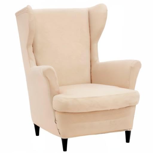 NILUOH Wingback Chair Cover 2-Piece Soft Stretch Wing Chair Slipcover Solid Color Armchair Sofa Couch Cover Furniture Protector with Elastic Bottom for Living Room Bedroom (Beige) - color: Beige