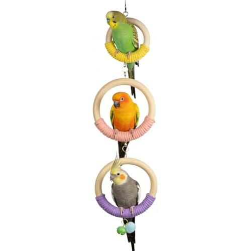 3-Ring Bird Wooden Swing with Bell Climbing Toy Chewable Cotton Rope Perch for Cage Cockatiels Budgies Parakeets Lovebirds 17 Inch