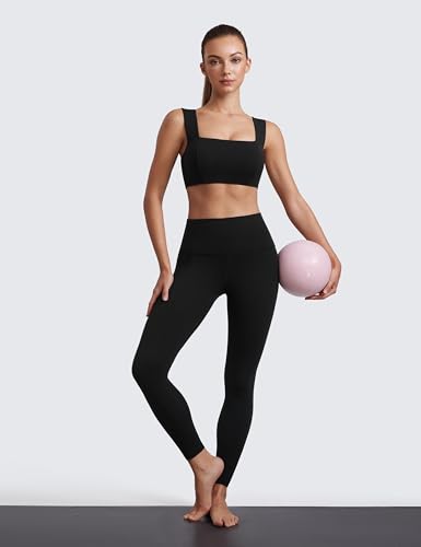CRZ YOGA Butterluxe Wide Strap Sports Bras | Light Support, Removable Pads, Yoga, Extremely Soft, Square Neck, Front Split Line, for Women - color: Black, size: X-Large