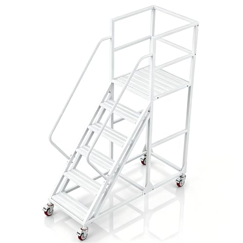 6 Step Rolling Warehouse Step Ladder, Industrial Mobile Staircase on Wheels, 1100Lbs Weight Capacity, Heavy Duty Mobile Platform Ladder with Handrails, Suitable for Warehouse, Library (White, 6 steps) - color: White