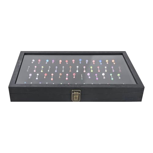 MOOCA Temper Glass Top Jewelry Display Case with Tempered Glass Lid and 54 Clip Body Jewelry Showcase Display Pad for Belly Button Rings, Tongue Rings, and Industrial Barbell Organizer, Black Color - color: Black Pad with Black Wood Case