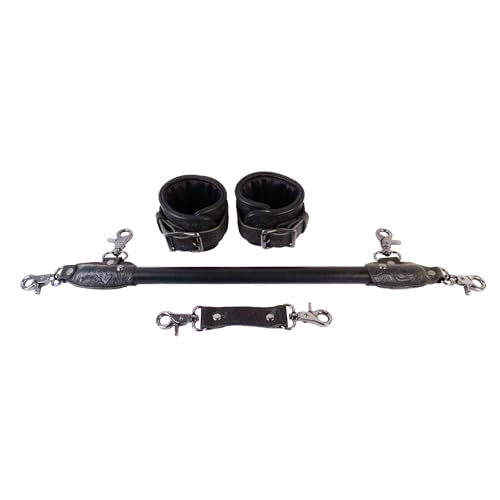Wooden PU Spreader Bar with 4pcs PU Adjustable Straps,Workout Bar for Home Gym Training Bar,Portable Detachable Pilates Kit - style: Black+Embossed Black Kit