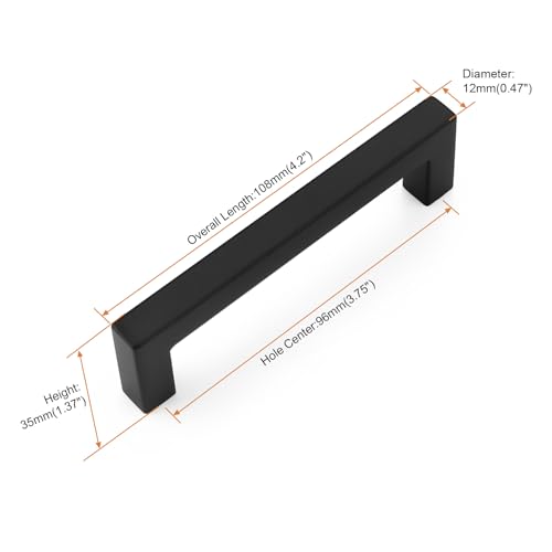 Probrico 5 Pack Black Kitchen Cabinet Pulls,Stainless Steel 3.75inch Hole Center Kitchen Cabinet Handles,Square Corner Bar Black Dresser Drawer Pull Handles - color: Black, size: Hole Center: 96mm(3.75inch)
