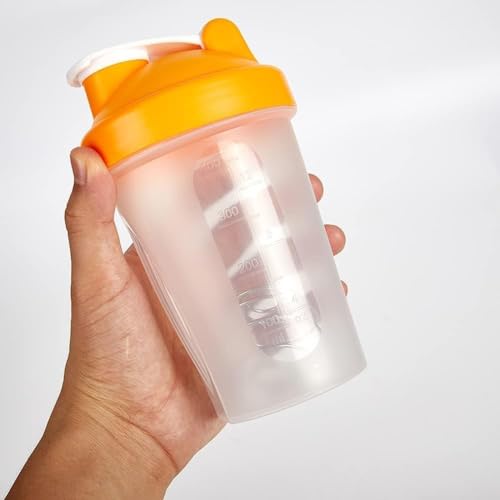 EBAT Clear Shaker Bottle w. Dark Orange Lid,Classic Loop Hook,Scale Marks of 12 OZ/400 ML,A Small Stainless Whisk Blender,BPA Free,PP5 Certified,Leak Proof,Dishwasher Safe(Other Color-Style Available)