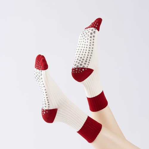 Verdancy Yoga Pilates Socks with Grips for Women Striped Cushioned Non Slip Crew Socks for Barre Ballet Dance - color: Red/White