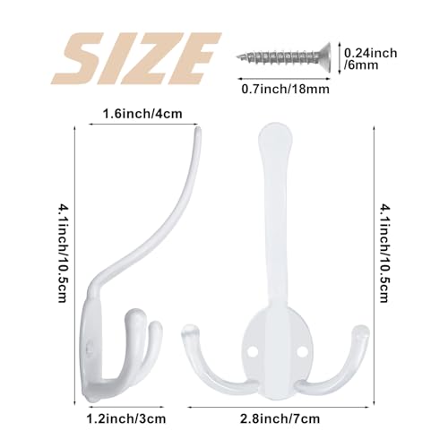 Homanu 10 Pack Coat Hooks Heavy Duty, Metal Three Prongs Large Coat Hooks Wall Mounted with 20 Screws, No Rust White Rustic Wall Hooks for Hanging Towel, Coat, Scarf, Bag, Hat, Cup, Key - color: 10 Pcs White