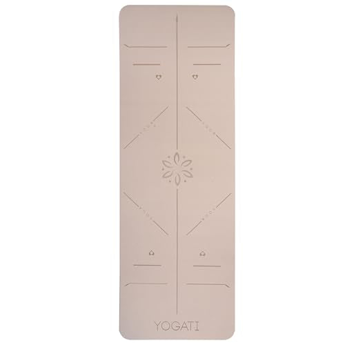 YOGATI® Yoga Mat with Strap with Alignment Lines. Home Workout Mat for Women, Men and Kids. Thick Non Slip Yoga Mat for Pilates and Fitness. Brown, Pink and Purple Yoga Mats - color: Brown