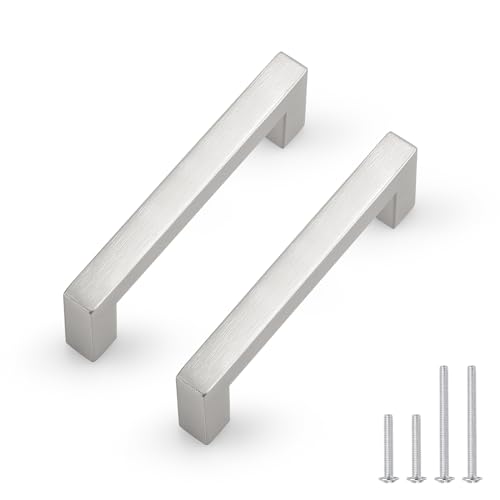 Probrico 5 Pack Hole Centers 3.5inch Square Kitchen Cabinet Pulls,Brushed Satin Nickel Dresser Handles, Stainless Steel Drawer Pull Handle for Cabinets 4inch Length - color: Brushed Nickel, size: Hole Center: 90mm(3.5inch)