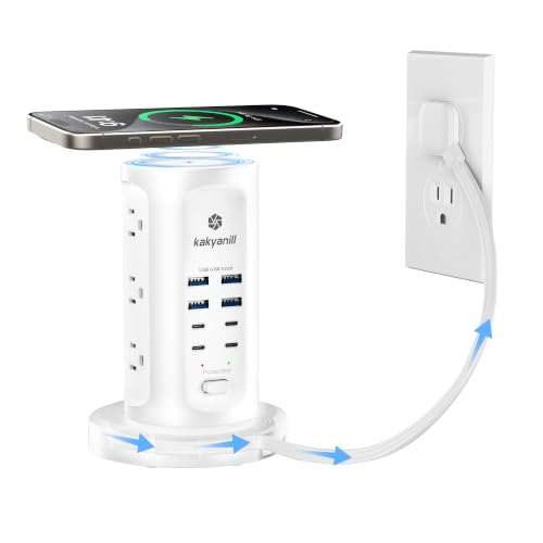 Kakyanill 30W USB Charging Station, Power Strip Tower with 9 AC 8 USB | 6Ft Flat Plug Retractable Extension Cord, for Home Office Dorm, White - color: White&Grey