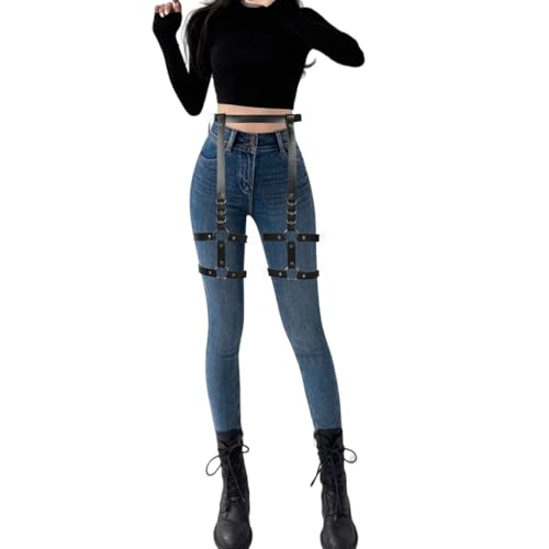 Adjustable Elastice 2 Rows Leather Leg Harness Garter Belt Punk Gothic Thigh Ring Garter - color: Black 2 With Waist Belt