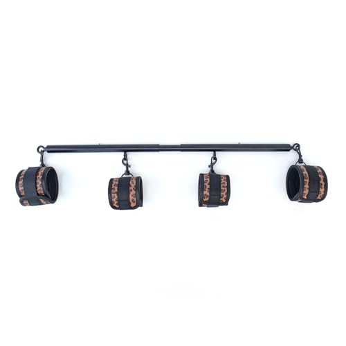 3 in 1 Heavy Duty Stainless Steel Expandable Spreader Bar with 4pcs PU Blue Adjustable Straps,Workout Bar for Home Gym Training Bar,Portable Detachable Pilates Kit - style: Black+Black Leopard Kit