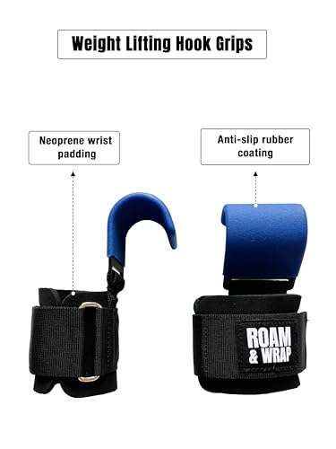 Roam & Wrap -Premium Weight Lifting Hooks for Deadlifts, Pull-Ups & Shrugs – Thick Neoprene Padding, Non-Slip Grip, Heavy Duty Wrist Support + Free 50ml Liquid Chalk - color: Blue