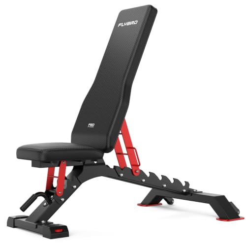 FLYBIRD WB7 Weight Bench, 1300LBS Commercial Adjustable Weight Bench, Workout Bench for Home Gym, Flat Incline Bench Press Heavy Duty Bench with 34'' Extra-Long Backrest and Easy-Roll Wheels - color: Black