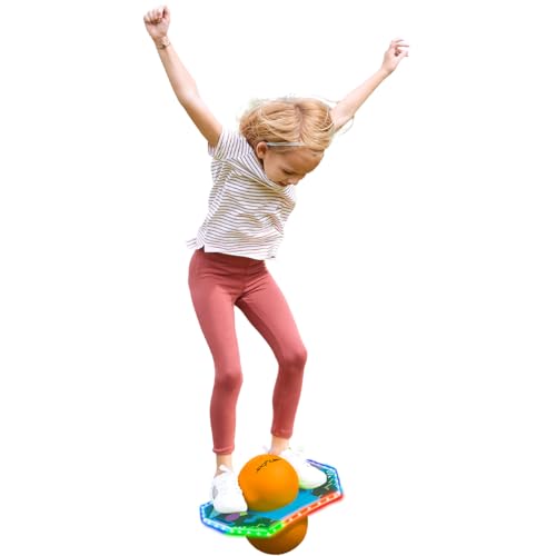 Flybar LED Pogo Trick Ball for Kids Balance Bounce Board w/Anti-Slip Deck - color: Retro Rocket