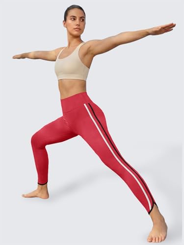 Aoysky Womens Buttery Soft Workout Leggings 25" Side Stripes High Waisted Full Length Yoga Leggings - color: Red, size: X-Large