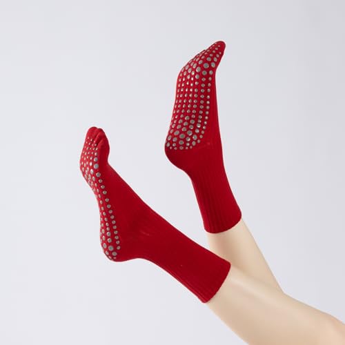 Verdancy Yoga Pilates Socks with Grips for Women Striped Cushioned Non Slip Crew Socks for Barre Ballet Dance - color: Red