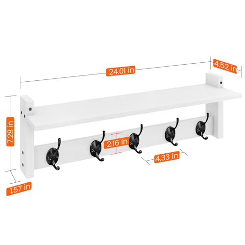 Homode Coat Rack with Shelf Wall Mount, 24 Inch Long Wall Shelf with Hooks Underneath, Wood Hanging Coat Hanger with Hat Shelves for Entryway, Bathroom, Mudroom, White - color: White, size: 24 Inch Long