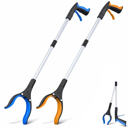 Grabber Reacher Tool - 32” Extra Long Foldable Gripper and Reaching Tool - Heavy Duty Pick Up Stick Grabbers for Seniors, Trash, Surgery Recovery Must Haves Gifts (Blue+Orange 2P) - color: Blue+orange 2p