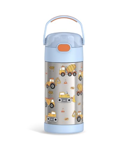 THERMOS FUNTAINER Water Bottle with Straw, 12oz, Construction | Kids Stainless Steel Insulated Water Bottle, Keeps Drinks Cold Longer for School & Play, BPA-Free - color: Construction, size: 12 Ounces