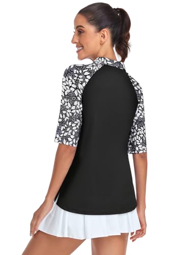 Cucuchy Womens Golf Shirt Half Sleeve Quarter Zip Polo Tennis Shirts Workout Tops - color: B-leaf Black White, size: X-Large